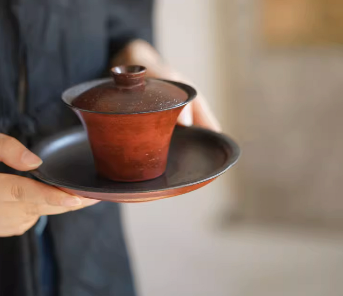 Red Lacquer Handcrafted Coarse Pottery Vintage Tea Set