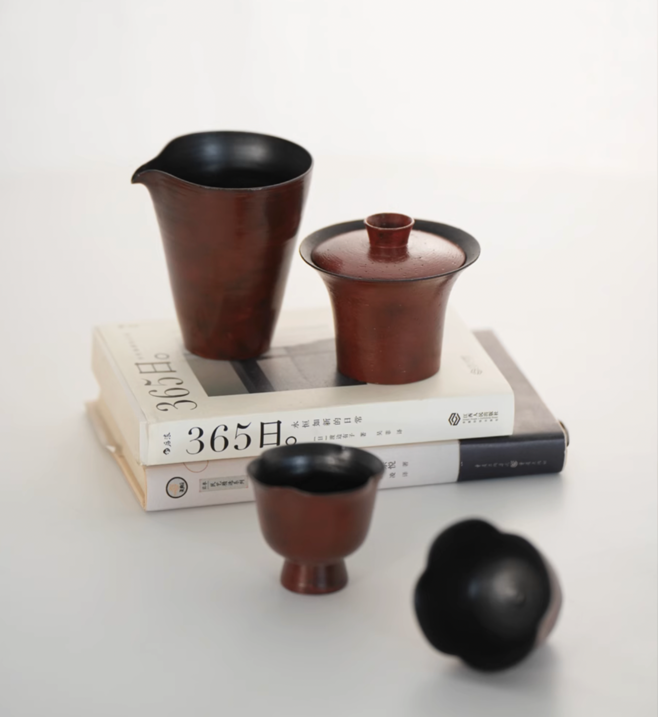 Red Lacquer Handcrafted Coarse Pottery Vintage Tea Set