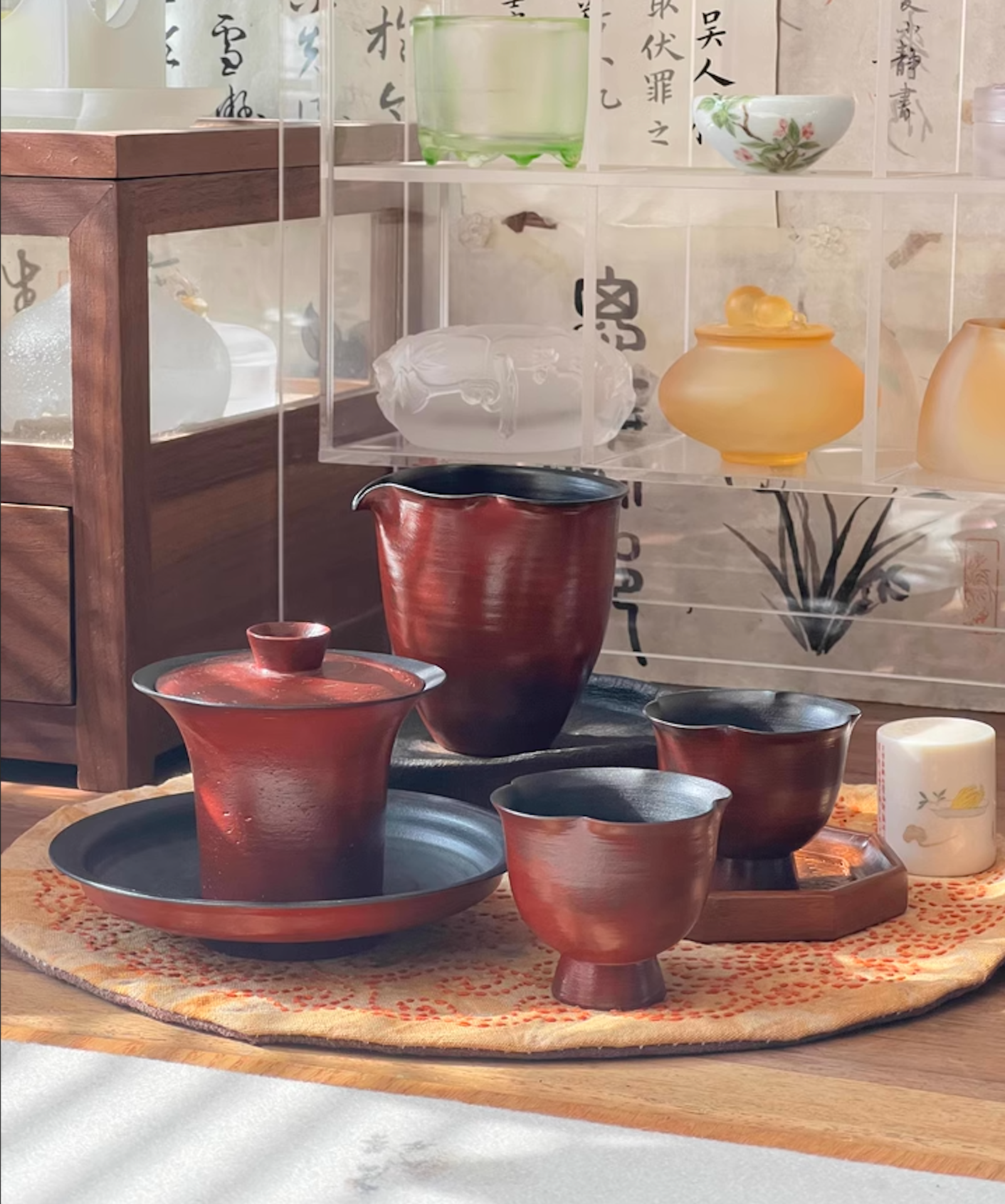 Red Lacquer Handcrafted Coarse Pottery Vintage Tea Set